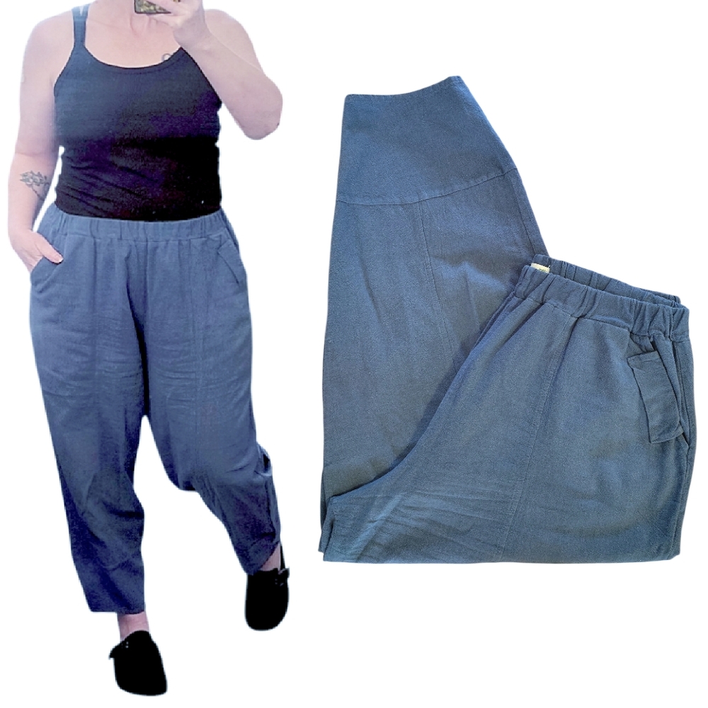 Best Tailor Slate Blue Cotton Linen Wide Leg Cropped Travel Pants L/ XL Pull On